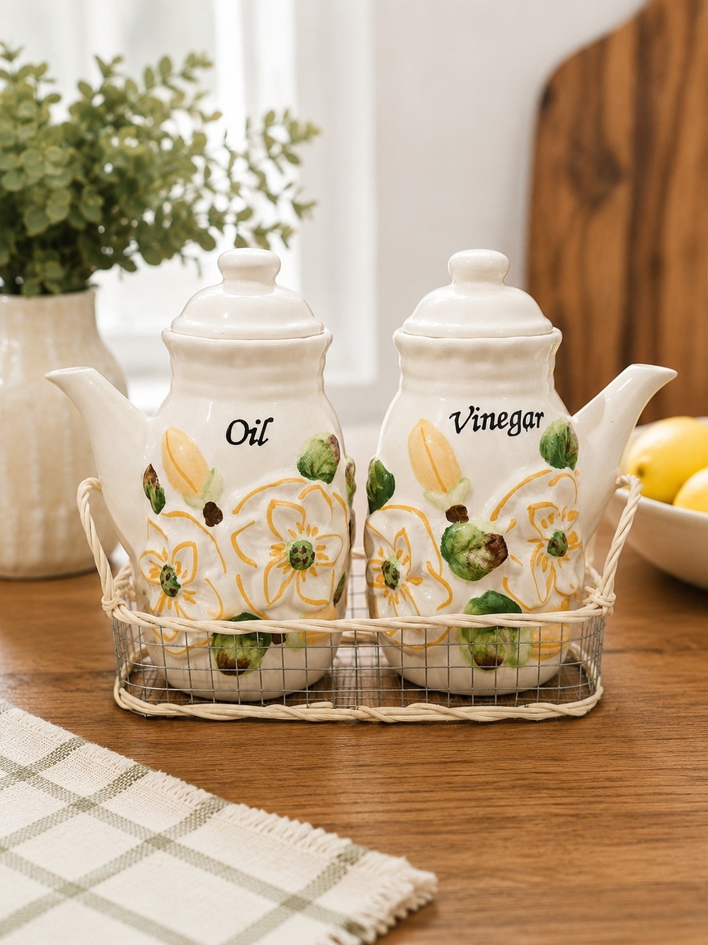 Ceramic Oil & Vinegar Set with Hand-Painted Floral Design - White/Green